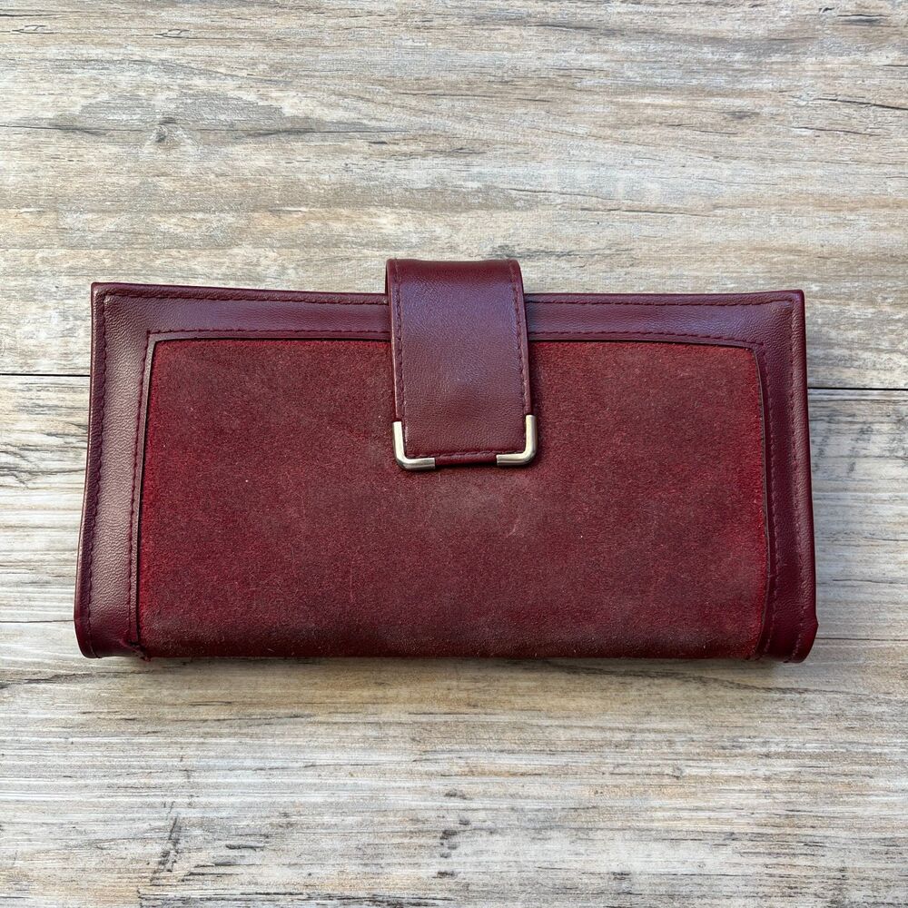 Suede Leather Wallet Vintage Red Dark Burgundy Snap Large Card Holder Coin Purse